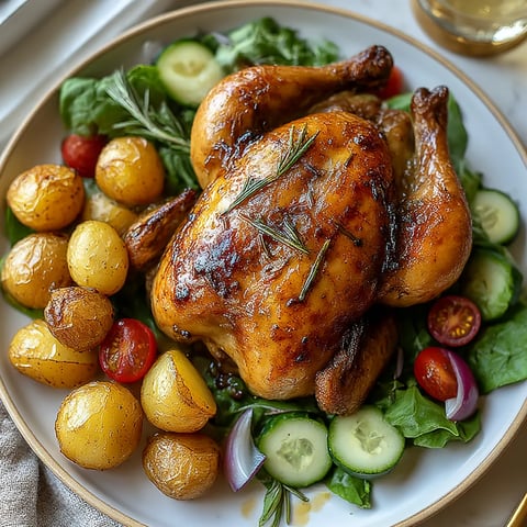 A plate of food with a chicken and vegetables.