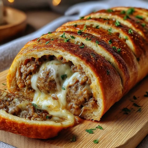 A cheese steak stromboli on a wooden cutting board.