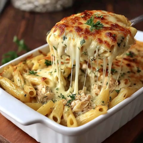A close up of a baked ziti dish.