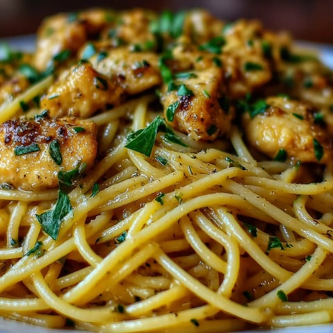 A plate of spaghetti with chicken and herbs.