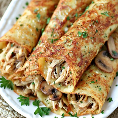 A plate of food with a crepe and mushrooms.