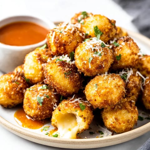 A plate of cheese balls with sauce on it.