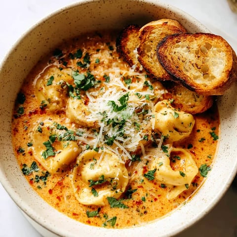 A bowl of tomato tortellini soup with a slice of bread on top.