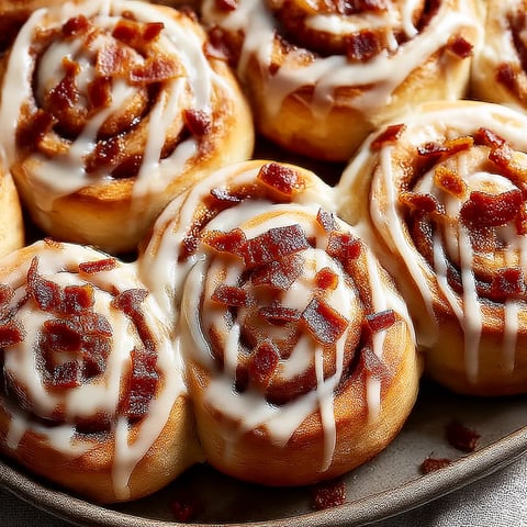 A plate of bourbon maple bacon cinnamon rolls.