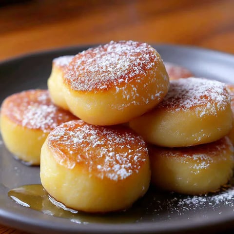 A plate of potato mochi with powdered sugar on top.