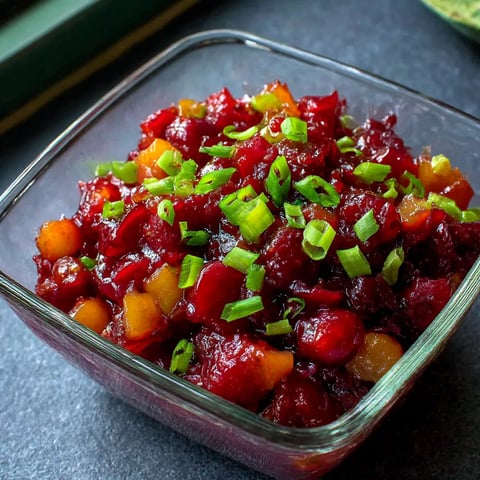 A glass bowl filled with cherry salsa.
