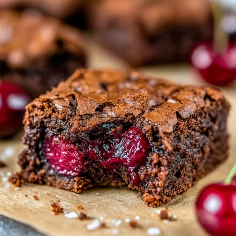 A close up of a chocolate brownie with cherries on top.