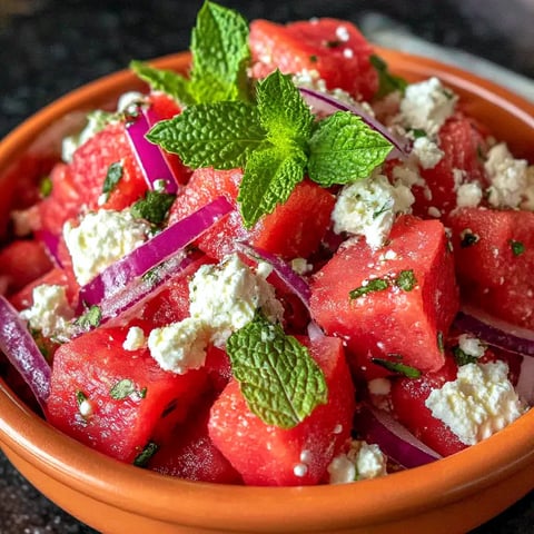 A bowl of watermelon with feta cheese and mint.
