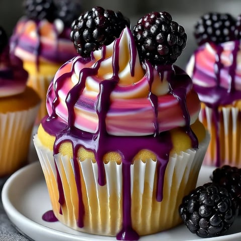 A cupcake with blackberry cheesecake frosting.