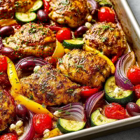 A pan of chicken with vegetables.