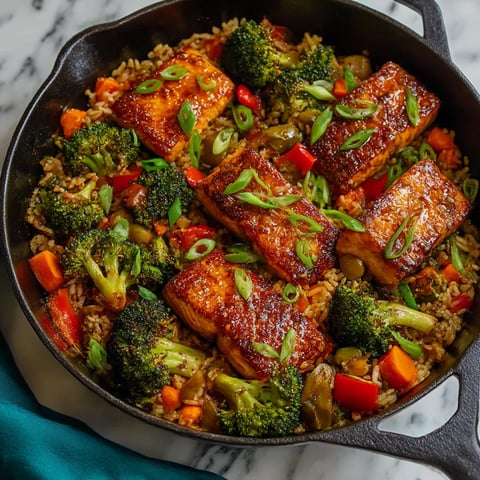 A skillet with rice, broccoli, and salmon.