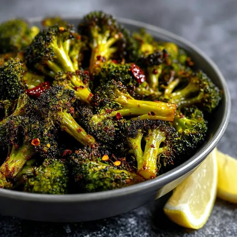 A bowl of broccoli with a lemon wedge on the side.