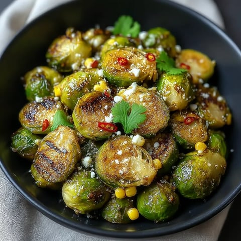 A bowl of Brussels sprouts with cheese and red peppers.