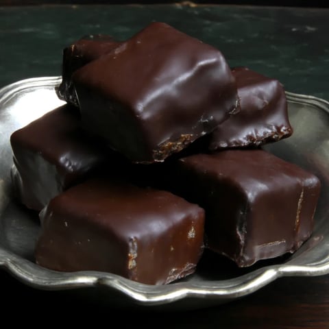 A plate of chocolate covered marshmallows.