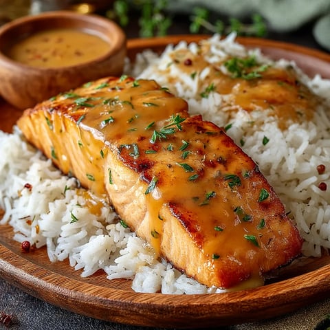 A plate of food with a piece of salmon on top.