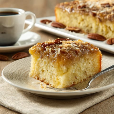 A slice of pecan cake on a plate.