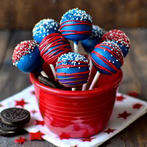 A red, white, and blue bowl of Oreo pops.
