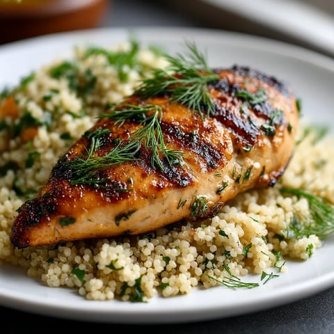 A grilled chicken breast with herbs and lemon on top, served with a quinoa salad.