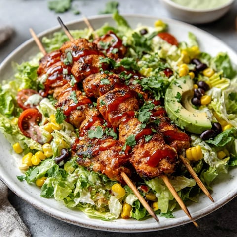 A plate of BBQ chicken skewers with salad.