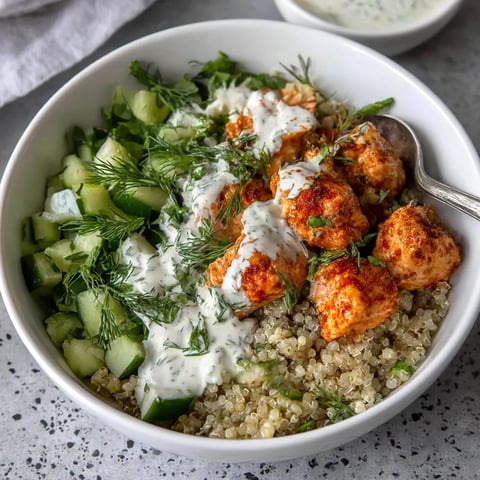 A bowl of food with salmon and quinoa.