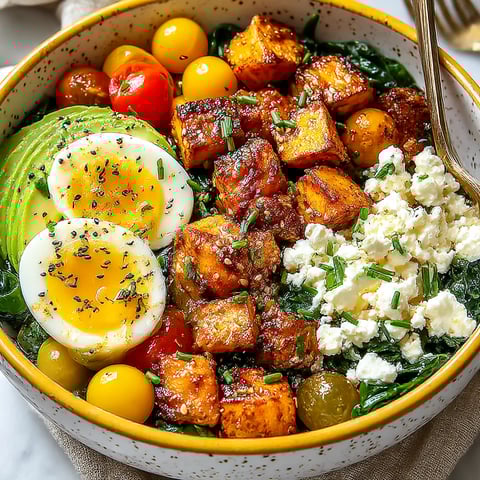 A bowl of food with eggs, tomatoes, and cheese.