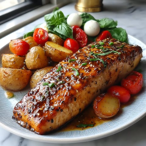 A plate of food with a pan-seared sesame salmon, baked paprika fingerling potatoes and caprese salad.