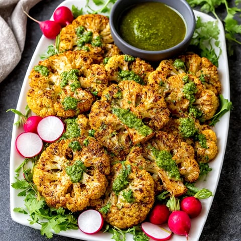 A plate of roasted cauliflower steaks with green sauce.