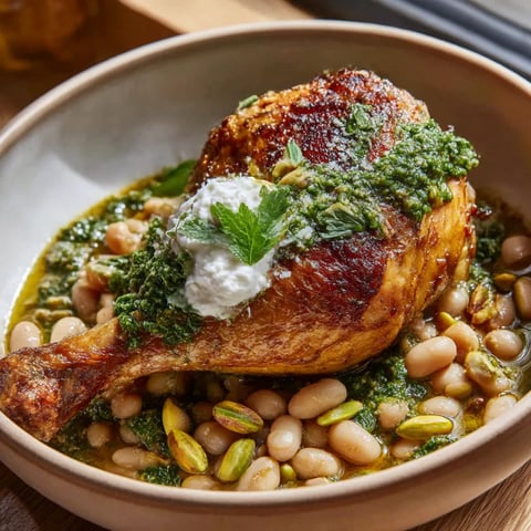 A bowl of food with a chicken breast and beans.