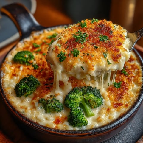 A close up of a delicious broccoli rice casserole.