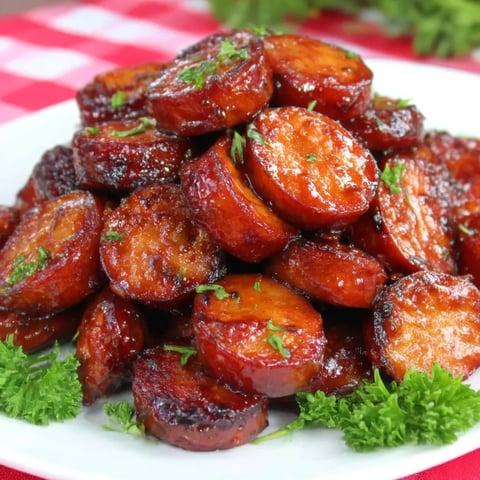 A plate of BBQ smoked sausage bites.
