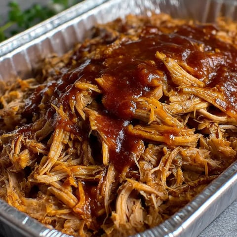A pan of pulled pork with BBQ sauce.