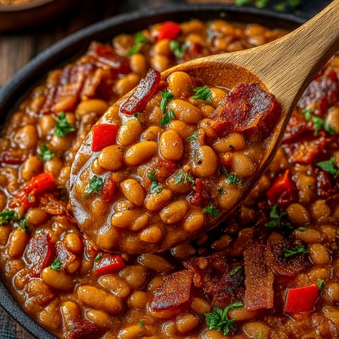 A wooden spoon is in a bowl of beans.