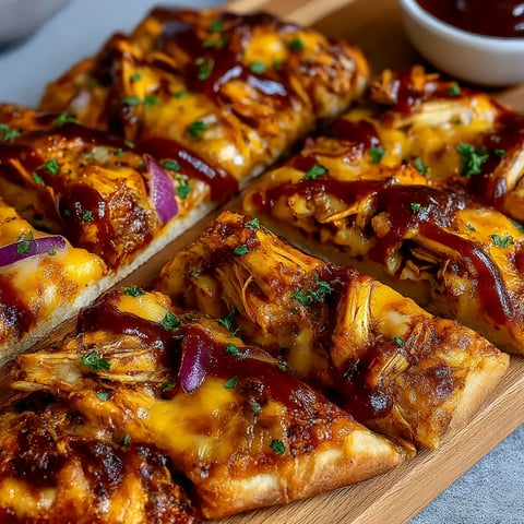 A BBQ chicken flatbread pizza with sauce and onions.