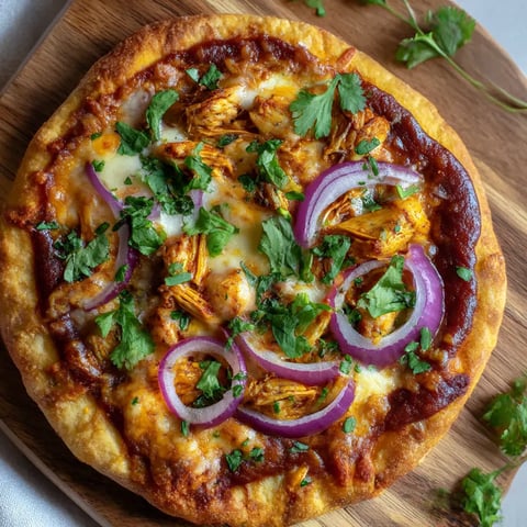 A BBQ chicken flatbread on a wooden cutting board.
