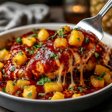 A fork is being used to eat a piece of pineapple barbecue chicken.
