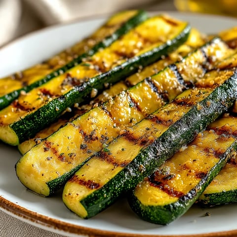 A plate of grilled zucchini with seasoning.