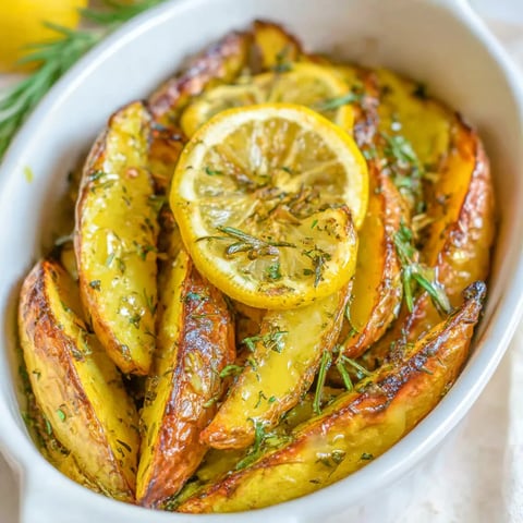 A white bowl filled with sliced potatoes and lemon wedges.