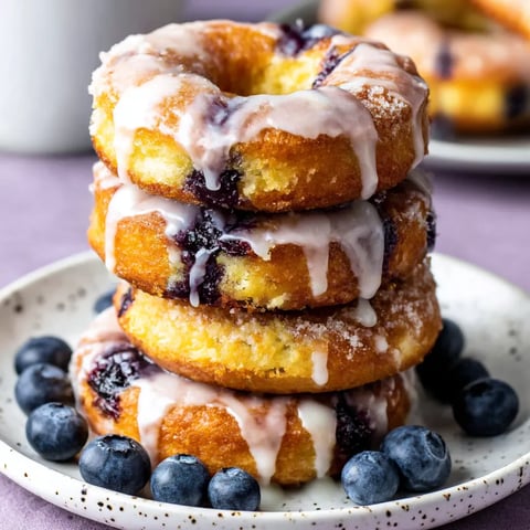 A stack of three donuts with blueberries on top.
