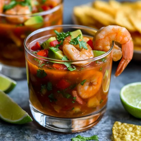 A glass of Mexican shrimp cocktail.