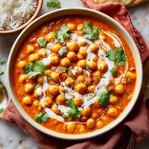 A bowl of chickpea tikka masala with a spoon.