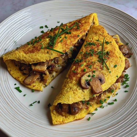 A plate of food with a mushroom omelette.