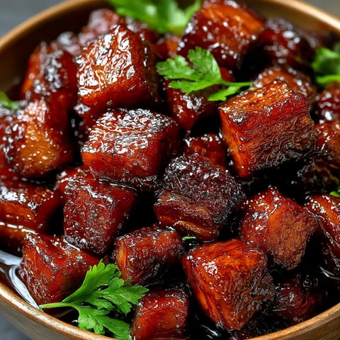 A bowl of burnt pork belly.