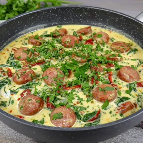 A skillet filled with sausage and greens.