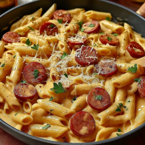 A dish of pasta with sausage and cheese.