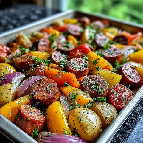 A pan of sausage and vegetables.