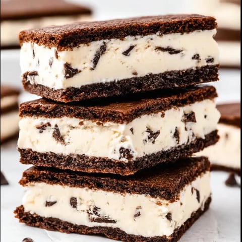 A stack of brownies with ice cream in between.