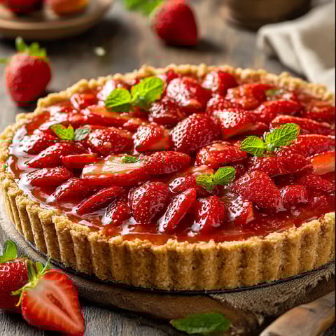 A fresh strawberry pie with a slice missing.