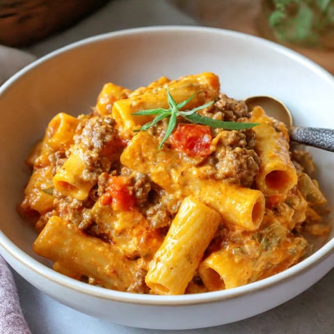 A bowl of pasta with meat and vegetables.