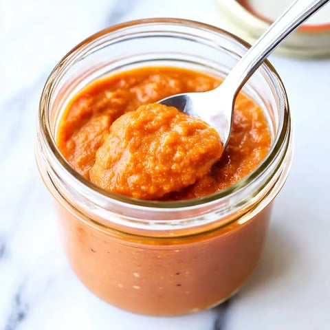 A spoon is in a jar of roasted tomato sauce.