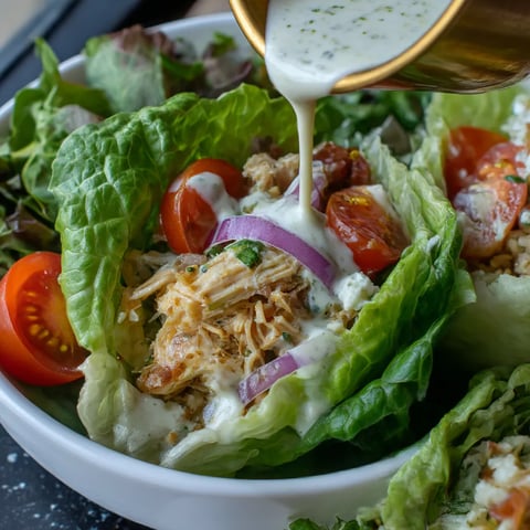 A bowl of vegan chicken salad with lettuce and tomatoes.